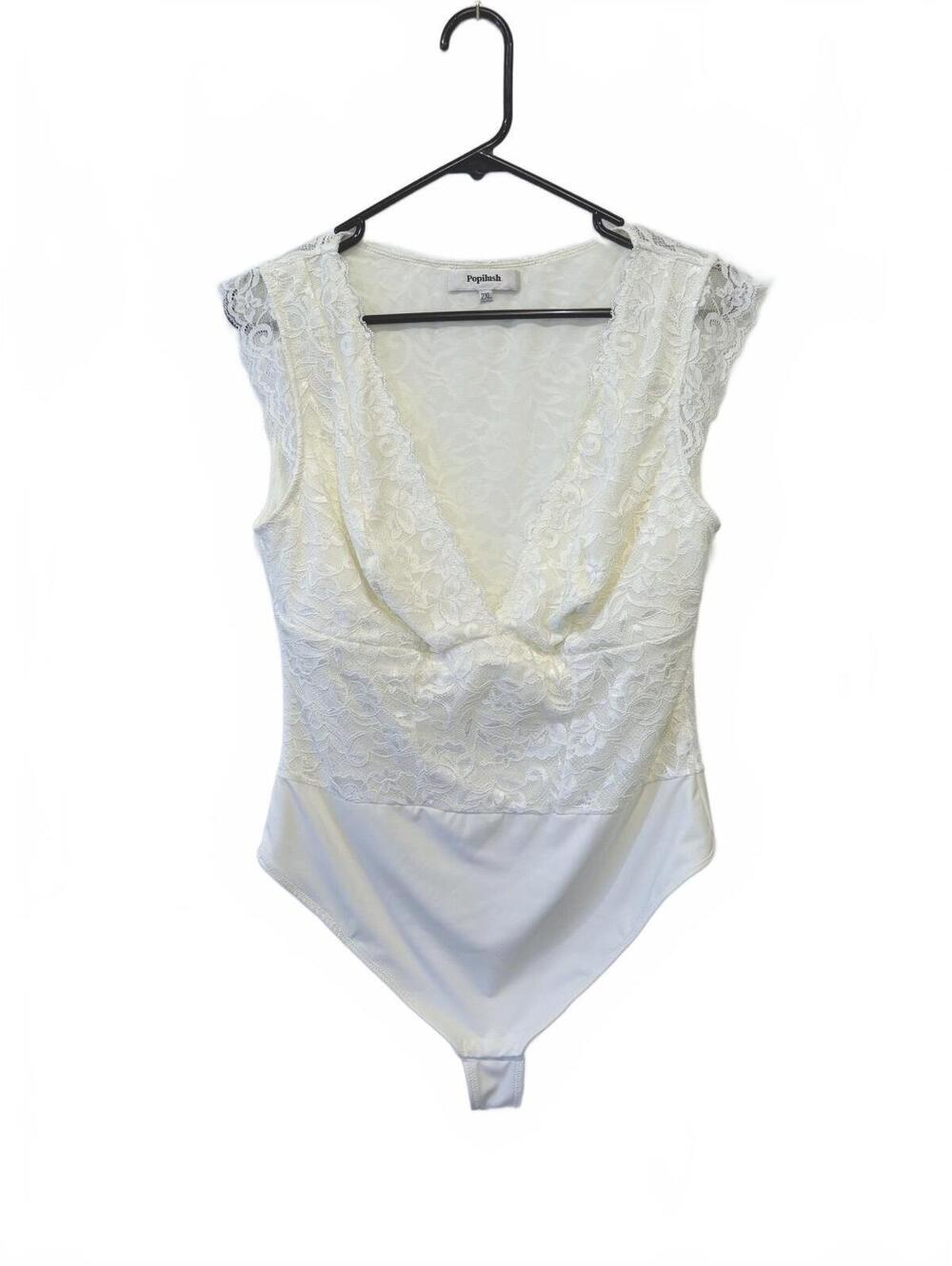 Popilush Ivory Lace Shapewear Bodysuit 2XL Deep V Neck Thong Bridal Plus Size